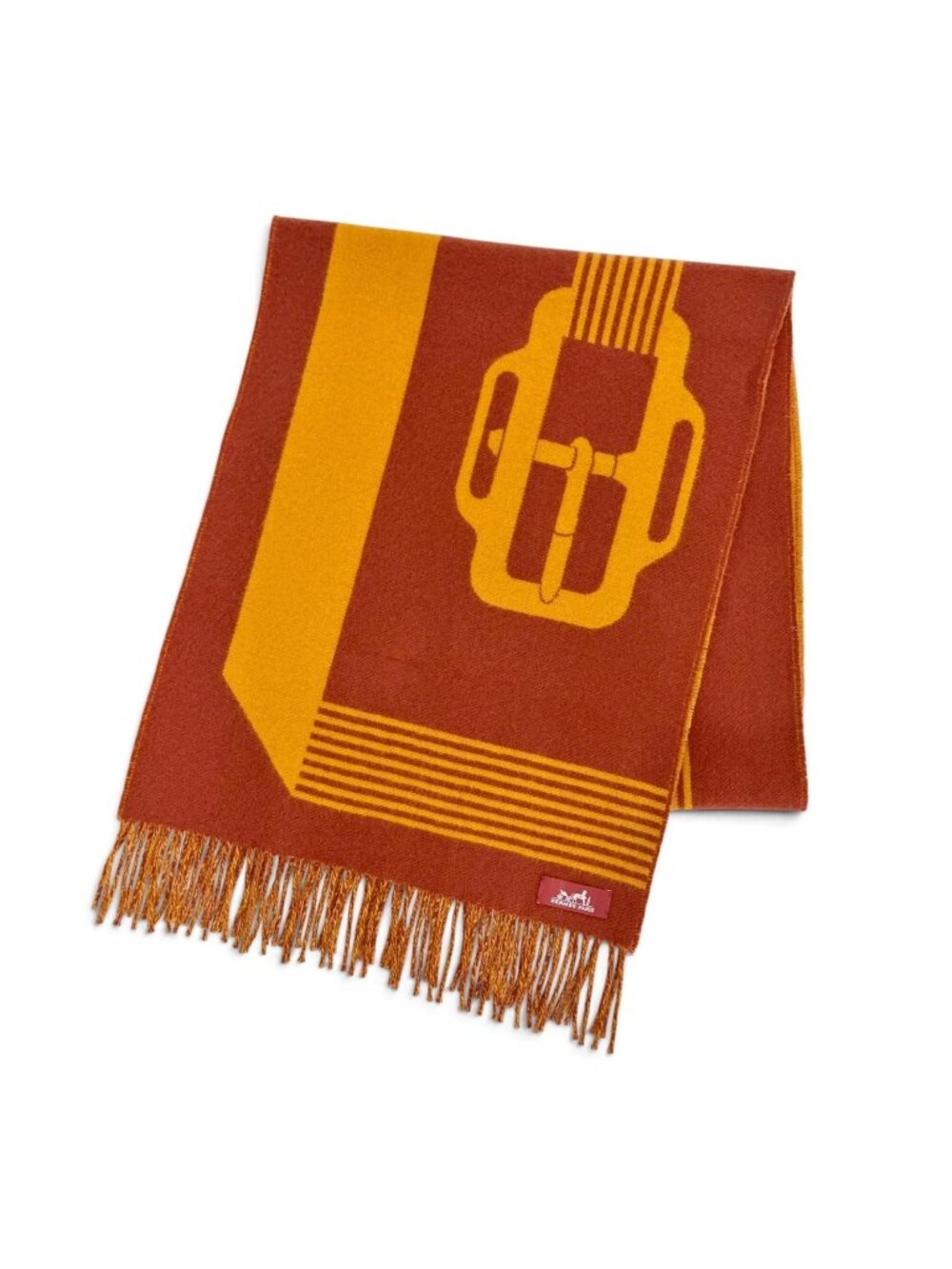 Hermes Sangle a Boucle Cashmere 100% Fringe Scarf Orange Brown